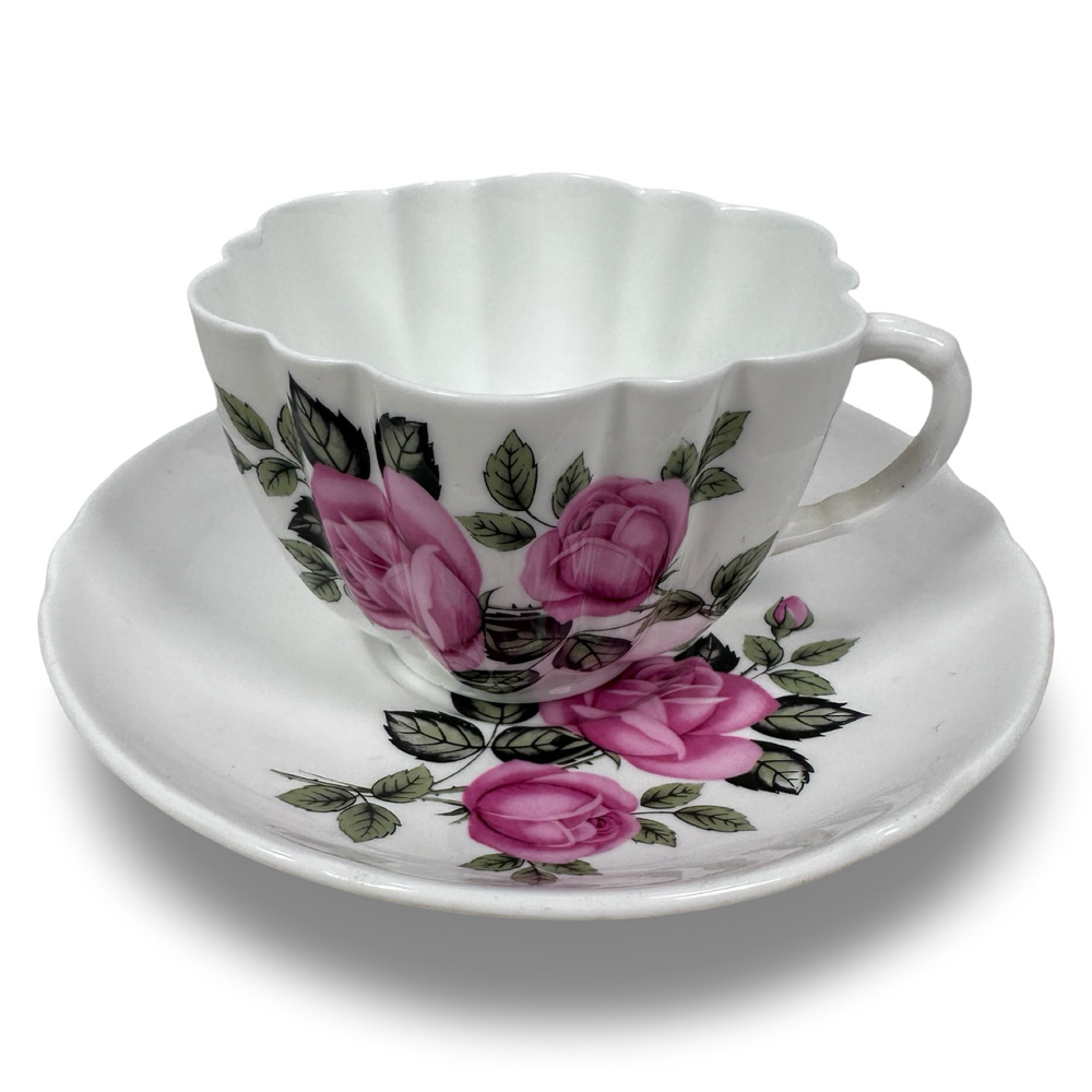 Vintage‎ Shelley Pink Rose Tea Cup & Saucer White Fine Bone China England